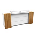 RECEPTION DESK RAPID MARQUEE 2400HX855DX1150HMM GLOSS WHITE WITH ZEBRA VENEER FRONT COLUMNS