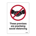 SIGN DURUS GENERAL SELF ADHESIVE DECAL THESE PREMISES PRACTISING SOCIAL DISTANCING 105X148MM BLACKRED PK2
